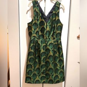 JCrew green and sparky gold dress. Great for the holidays.